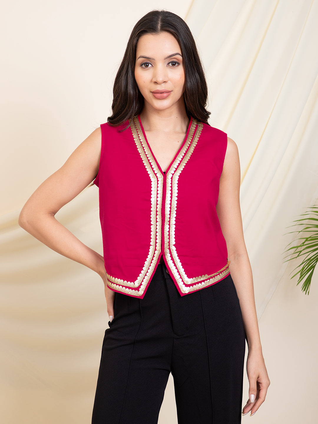 Magenta Lace Detailed Women Waistcoat