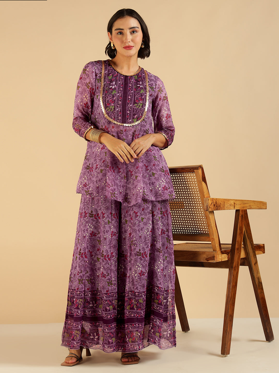 Lavender Floral Border Printed Peplum Top With Sharara Fusion Co-Ord Set