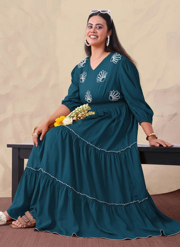Teal Pure Rayon Embroidered Tiered Maxi Dress