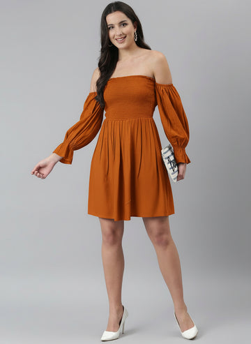 Off Shoulder Solid Tan Short Length Dress