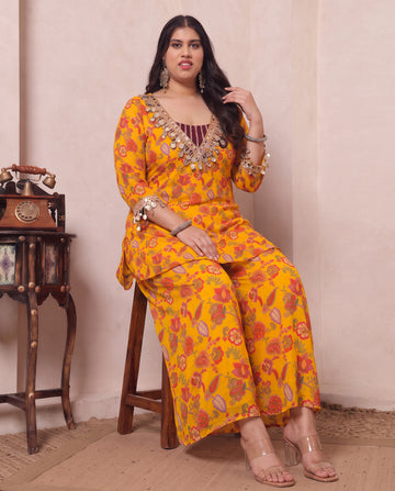 Floral Print Multicolor CHiffon Deep Neck Kurta & Inner Crop Top With Sharara Women's Plus Size 3 Piece Set