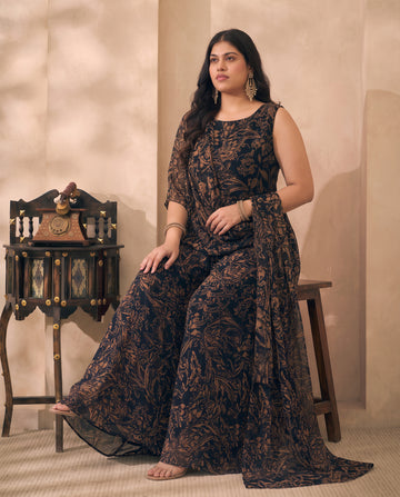 Black Abstract Printed Chiffon Peplum Top With Palazzo & Dupatta Plus Size Indo Western 3 Piece Women Set