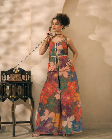 Multicolor Floral Printed Chiffon Corset Top & Palazzo With Dupatta Women 3 Piece Set