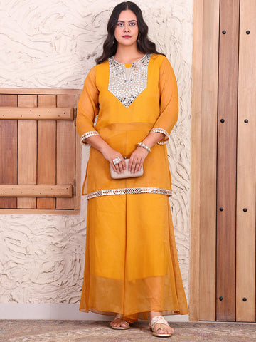 Embroidered Mustard Kurti With Sharara Women Indo Western Co-ord Set