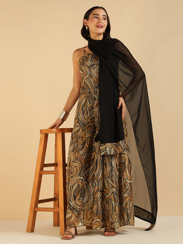 Multi Colour Paisley Printed Top & Sharara with Dupatta Fusion Co-Ord Set