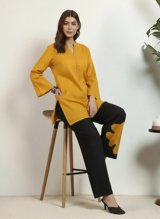 Cotton Floral Patch Work Women Co-Ord Set Flex Kurta with Ankle Length Pant V-Neck Two Piece Dress