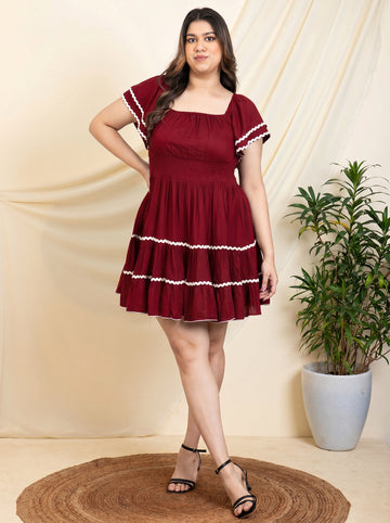 Maroon Solid Rayon Tiered Women's Plus Size Shirt Dress