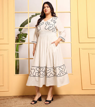Off White Cotton Solid V-Neck Women's Plus Size Maxi Dress