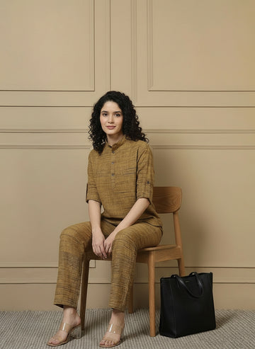 Mustard Cotton Textured Printed Women Co-Ord Set