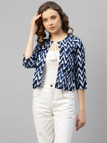 Women's Navy Blue Zig-Zag Rayon Cropped Shrug
