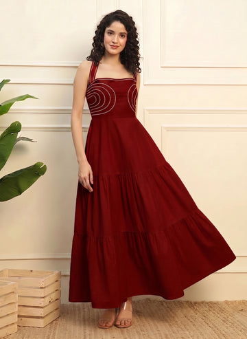 Maroon Cotton Solid Halter Strappy Neck Women Maxi Dress