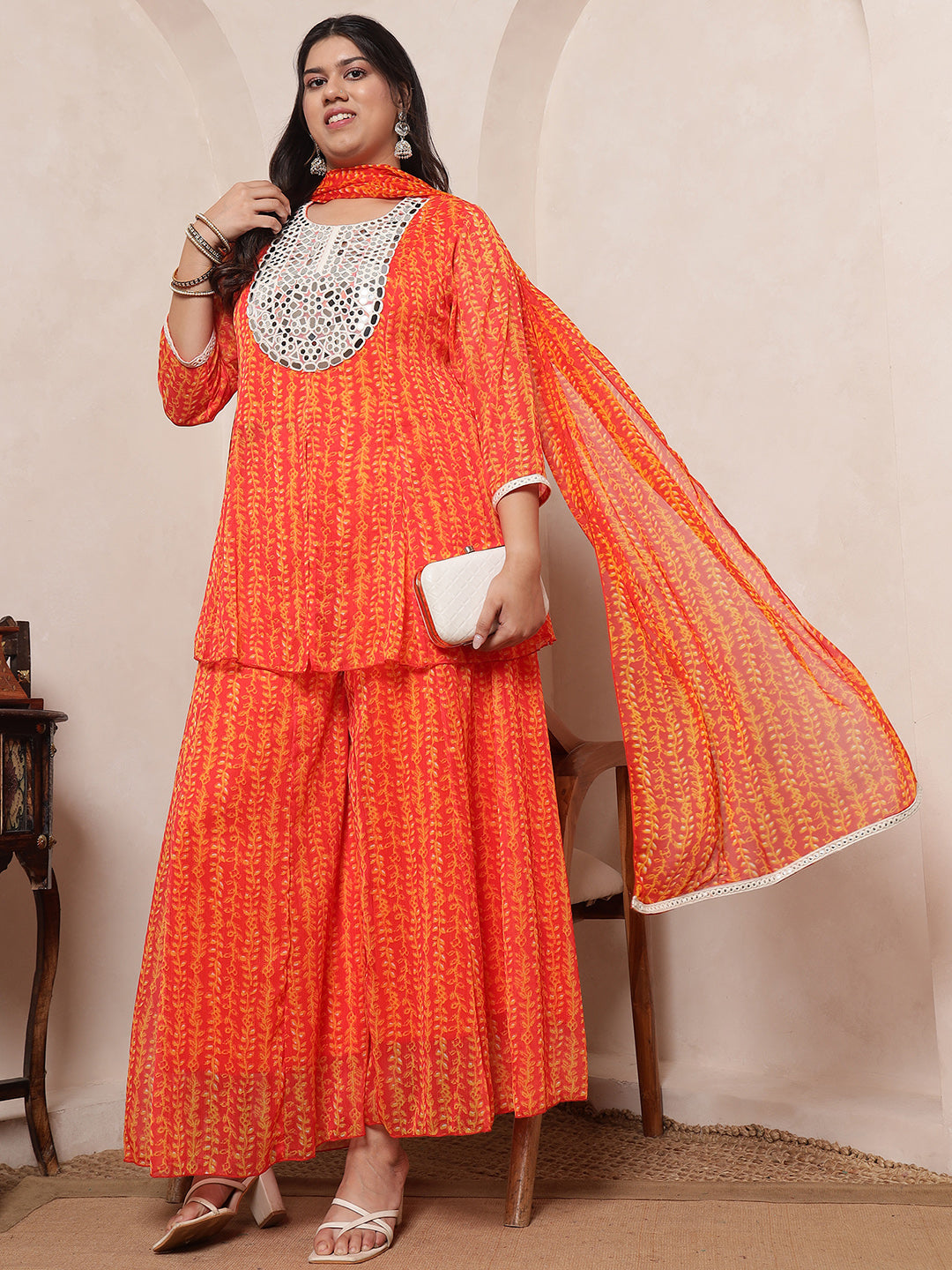 Orange Mirror Embroidered Neck Patch Panel Top With Panel Sharara With Dupatta Indo Western Women's Plus Size Co-Ord Set