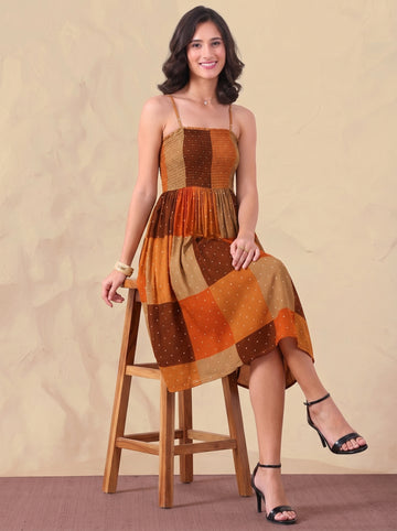 Multi Patch Printed Sleeveless   Strappy Neck Women Knee Length Dress