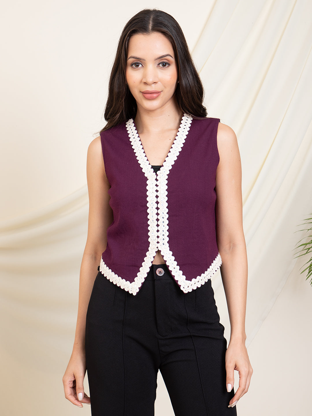 Wine Lace Detailed Women Waistcoat