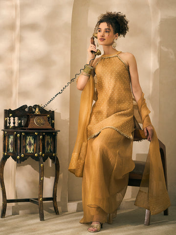 Halter Neck Golden Shimmer Kurta With Palazzo With Dupatta Indo Western Women 3 Piece Set