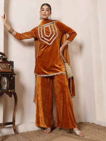 Velvet Mustard Kurti Embellished By Lace Sharara With Dupatta Indo Western Women Co-Ord Set