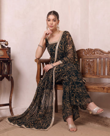 Black Abstract Printed Chiffon Kurta & Palazzo With Dupatta Indo Western Women 3 Piece Set