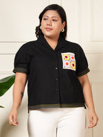 Black Cotton Embroidered Women Plus Size Shirt
