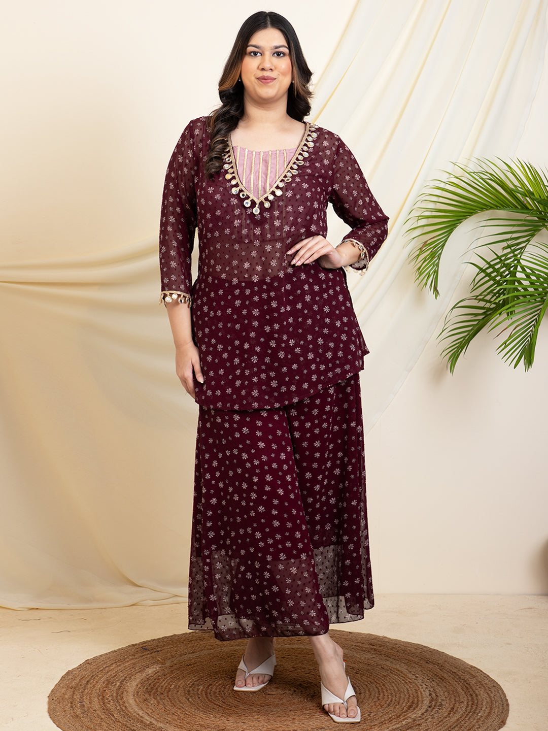 Wine Floral Printed Indo Western Women Plus Size Set