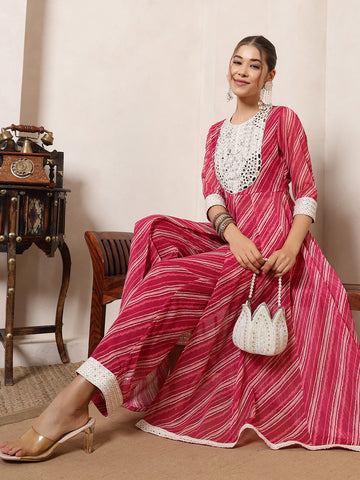 Magenta Pink Laheriya Anarkali Tunic With Embroidered Neck Patch With Palazzo Pant Indo Western Women Co-Ord Set