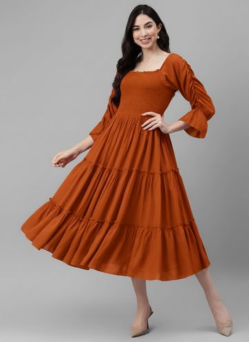 Tan Brown Solid Tiered Dress With Gathered Sleeves