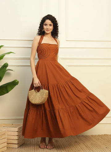 Tan Cotton Halter Strappy Neck Women Maxi Dress