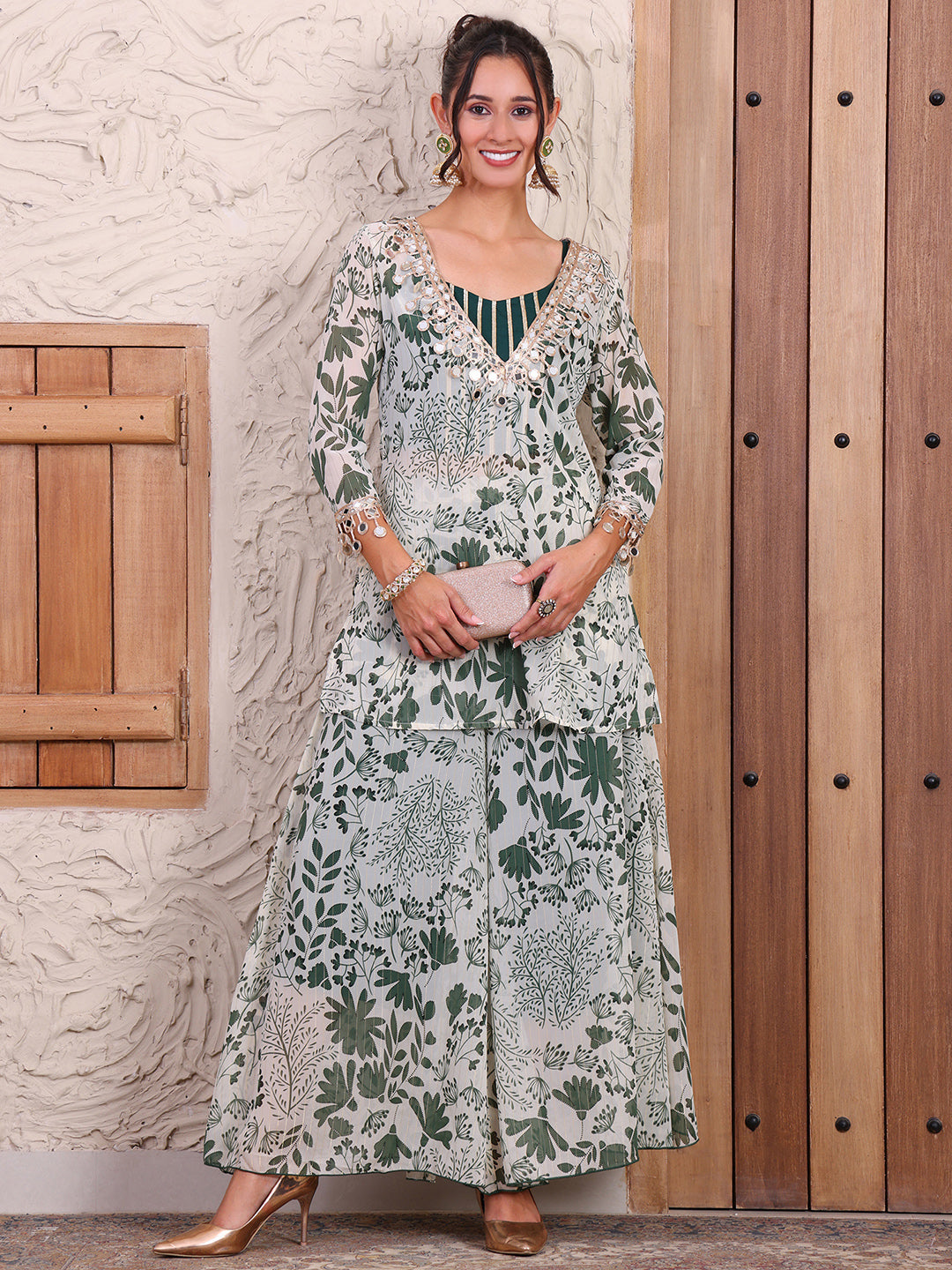 Green Floral Print Pure Chiffon Lurex Indo Western Women Co-ord Set
