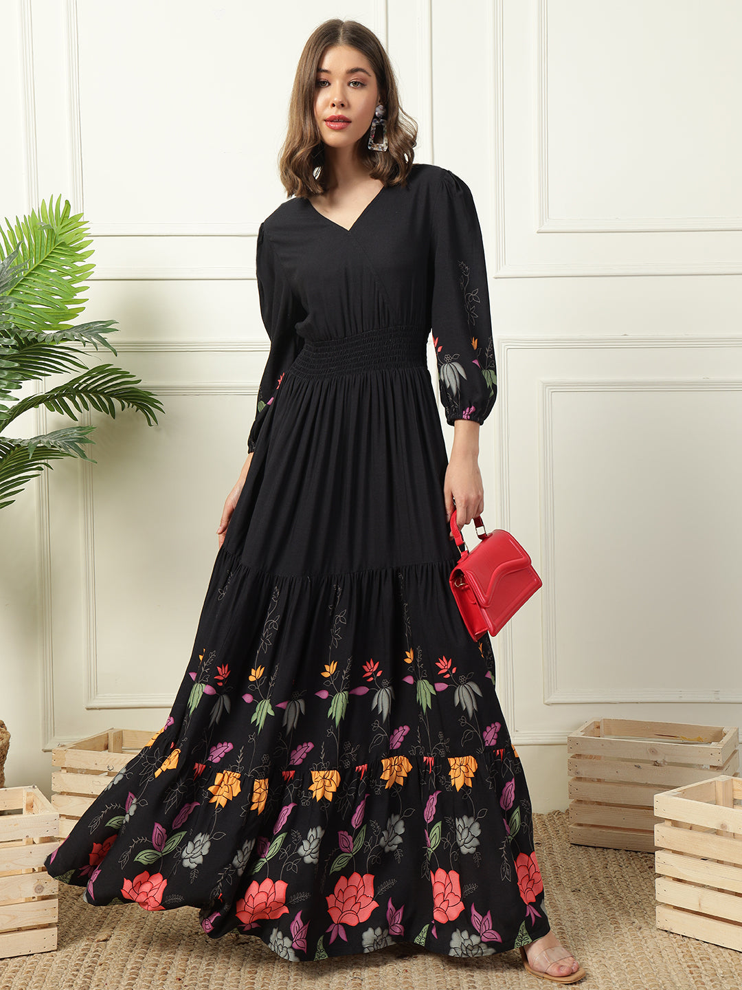 Black Floral Tiered Women Maxi Dress