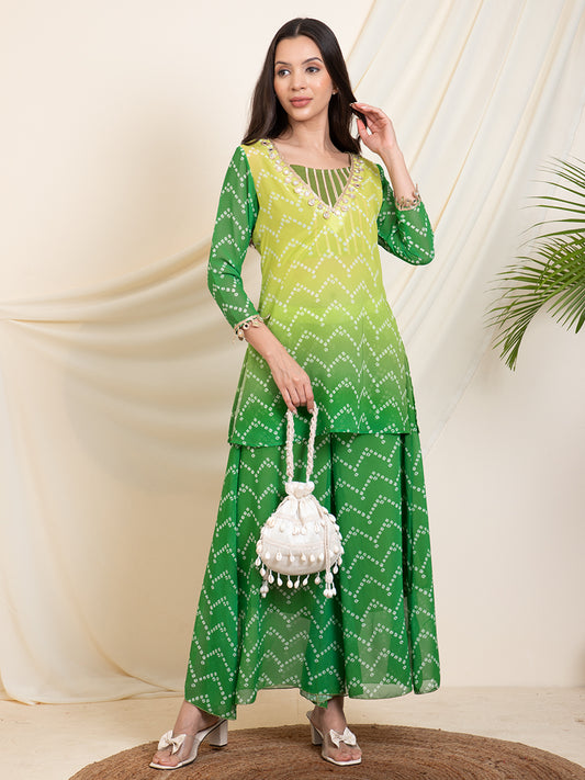 Green Printed Indo Western Co-Ord Set