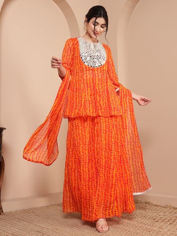 Orange Mirror Embroidered Neck Patch Panel Top With Panel Sharara With Dupatta Indo Western Women's Co-Ord Set