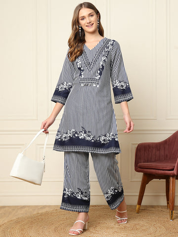 Blue Striped Printed Ethnic Women Co-Ord Sets