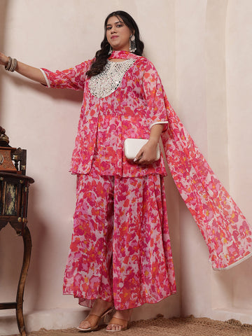 Magenta Abstract Printed Peplum Top With Panel Sharara Women Indo Western Co-Ord Set