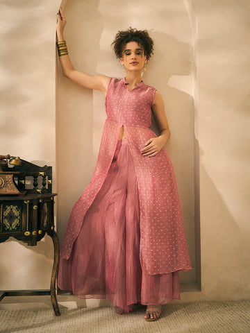 Pink Shimmer Butti Work Centre Slit Kurti With Palazzo Women Indo Western Co-ord Set