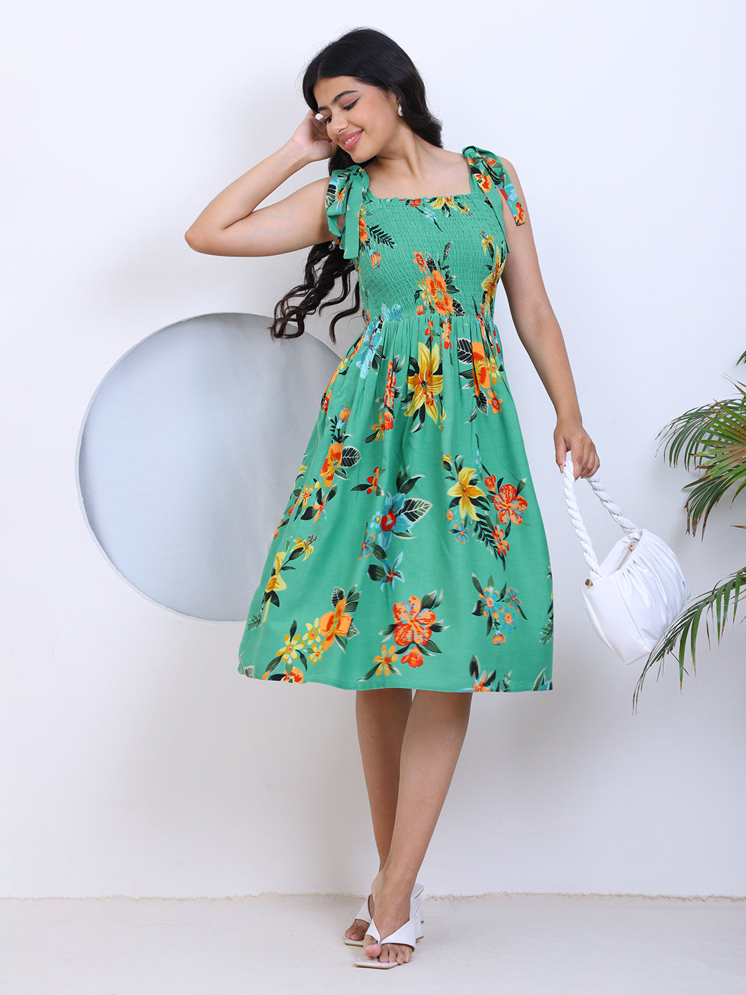 Women's Sea Green Smocked Flared Dress With Yellow Floral Print