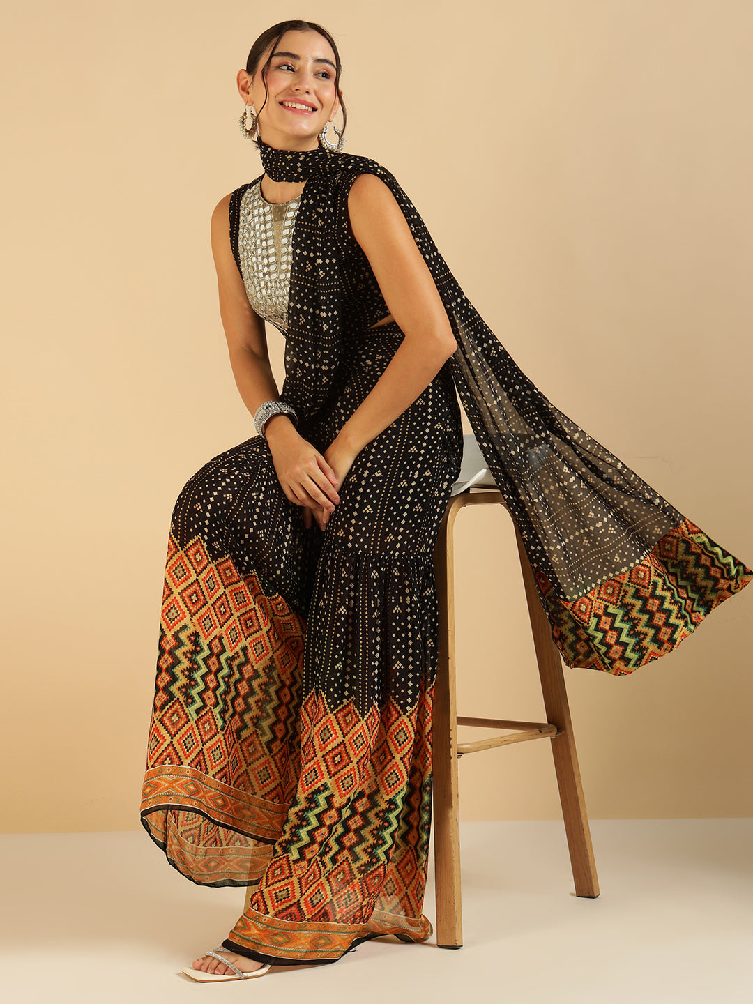 Black Bandhani Border Printed Crop Top With Palazzo Saree Fusion Co-Ord Set