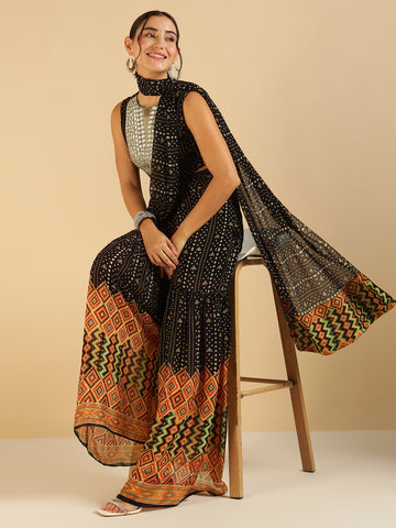 Black Bandhani Border Printed Crop Top With Palazzo Saree Fusion Co-Ord Set