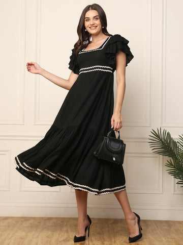 Black Tiered Flared Women Dress