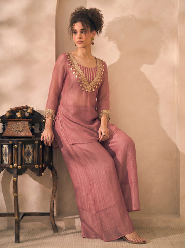 Pink Shimmer Solid Kurta With Palazzo & Bustier Indo Western Women 3 Piece Set