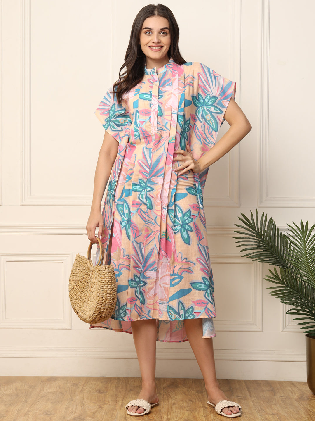 Floral Linen Printed High Low Women Kaftan Dress