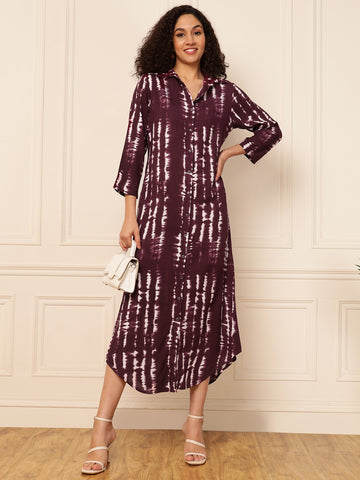 Wine Tie-Dye Women Shirt Dress