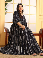 Black Leaf Printed Women's Plus Size Tiered Maxi Dress