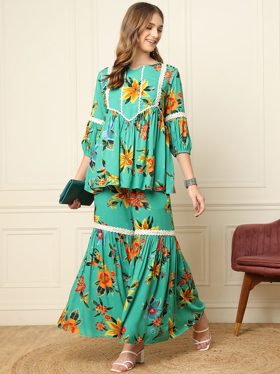 Green Floral Printed Peplum Top With Sharara Women Indo Western Co-Ord Sets