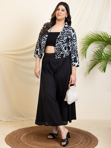 Black Printed Blazer With Inner Top With Palazzos Women Plus Size Set