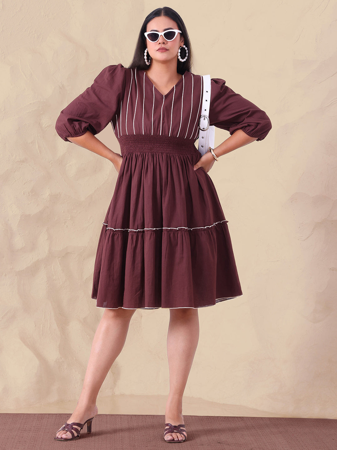 Brown Pure Cotton Women Tiered Dress