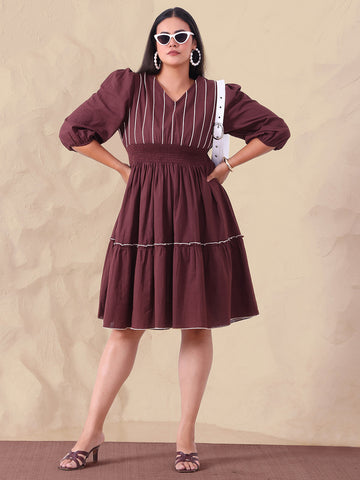 Brown Pure Cotton Women Tiered Dress