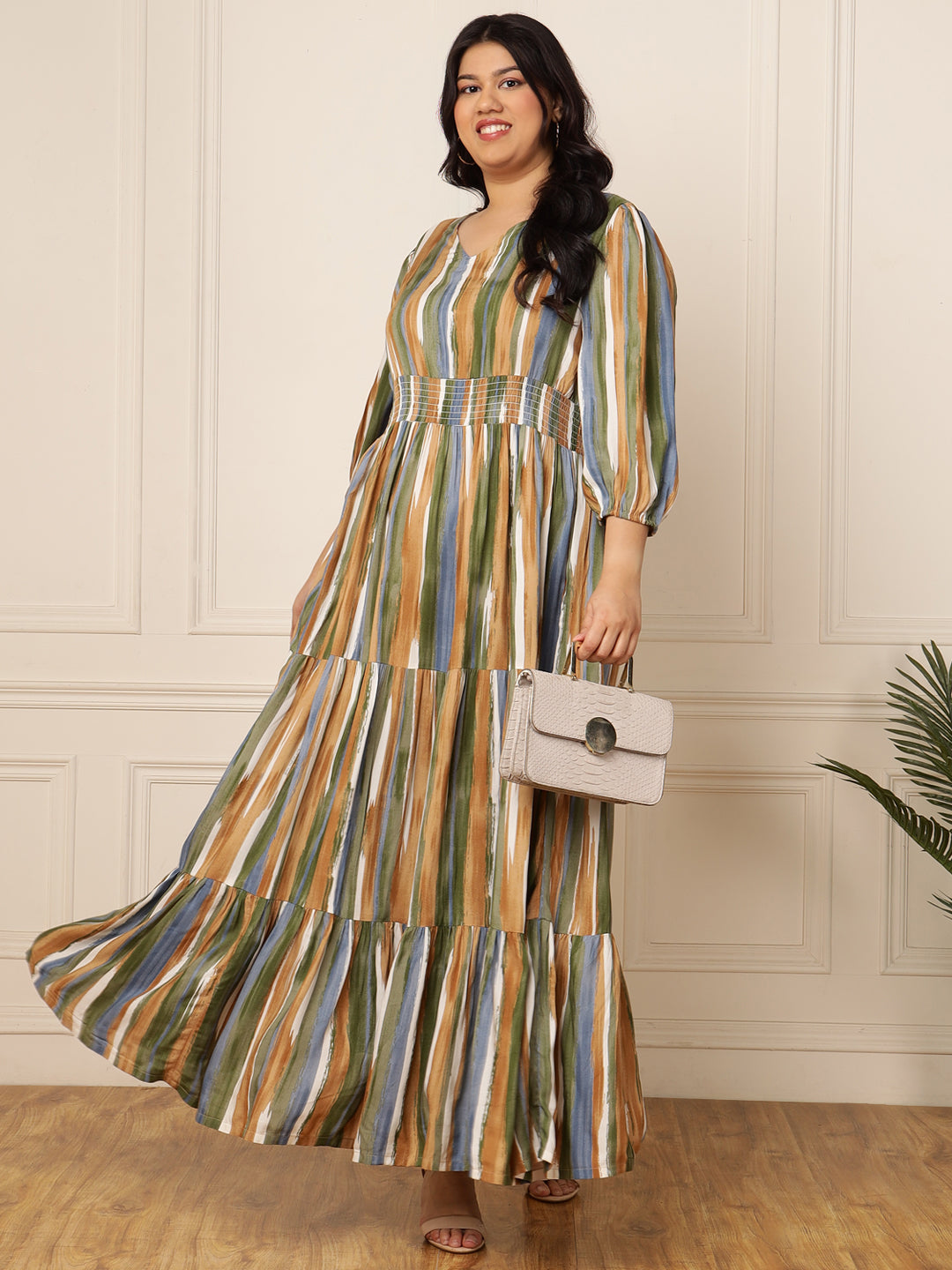 Women's Plus Size Multi-Colour Striped Tiered Maxi Dress