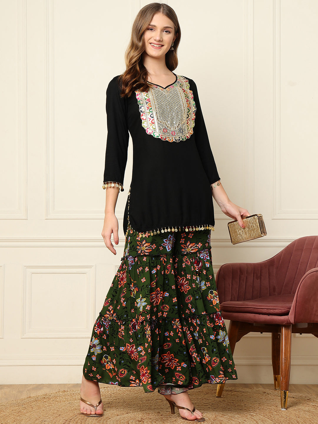 Black Kurti With Printed Sharara Women Indo Western Women Co-Ord Sets