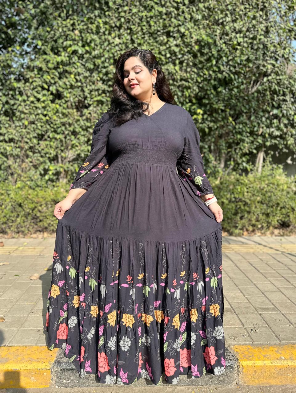 Black Floral Tiered Women Maxi Plus Size Dress