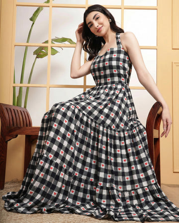 Black Checked With Heart Print Halter Neck Tiered Women's Plus Size Maxi Dress