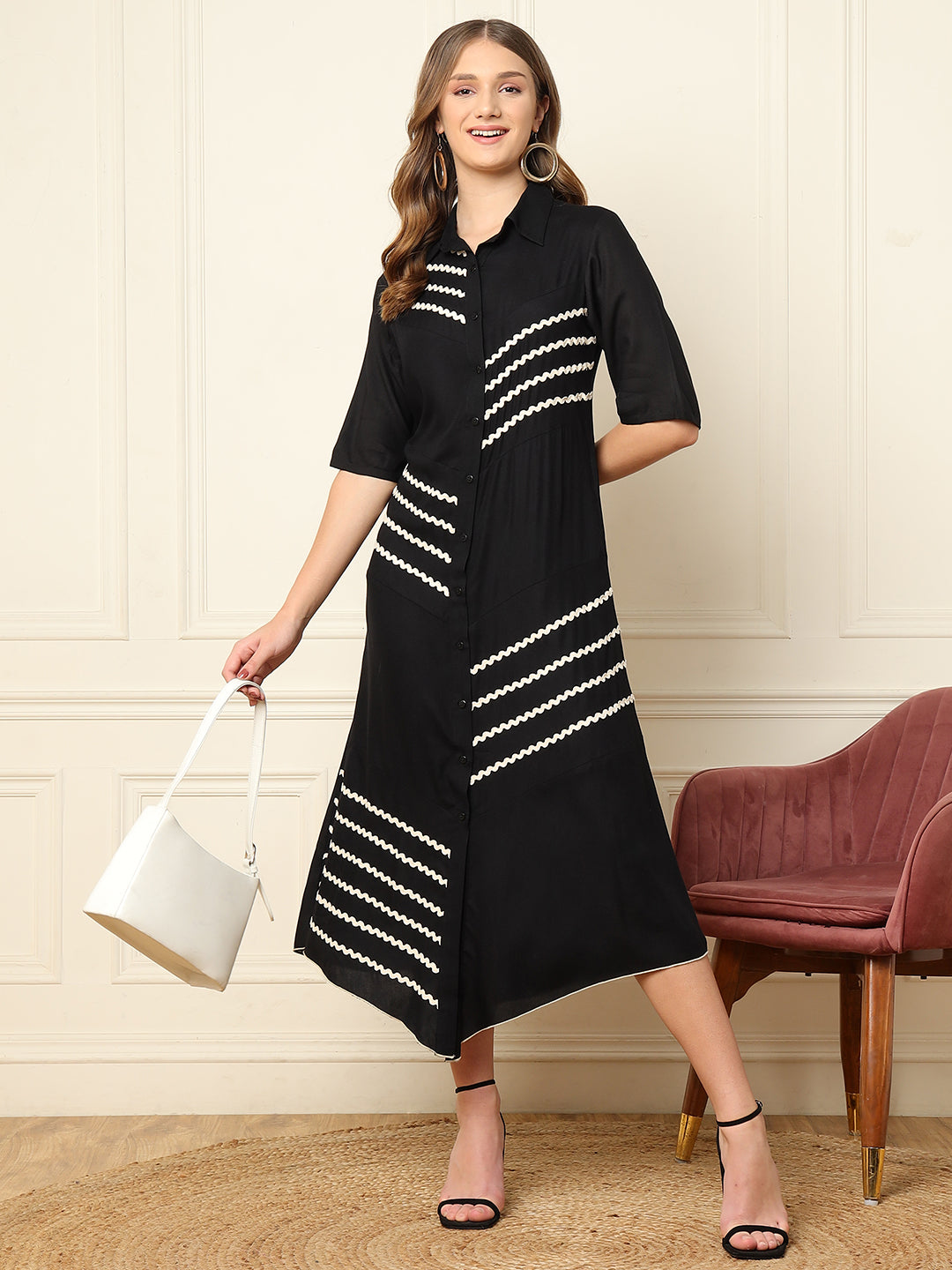Black Asymmetric Ankle Length Women Shirt Dress